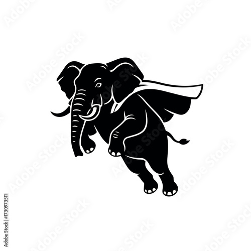 Black silhouette of an elephant wearing a cape flying through the air