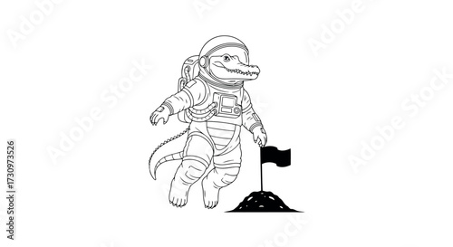 Cartoon alligator astronaut floating in space with a backpack and planting a flag on a small planetoid