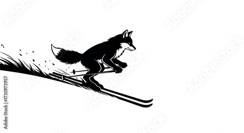 Silhouette of a fox skiing downhill with snow spray and transparent background winter