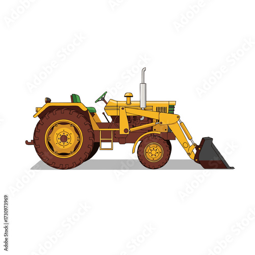 Yellow farm tractor with front-end loader, vector illustration. Heavy agricultural and construction machinery, ready for farming, earthmoving, and material handling tasks