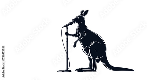 Silhouette of a kangaroo holding a microphone on a stand and singing into it on a white background animal