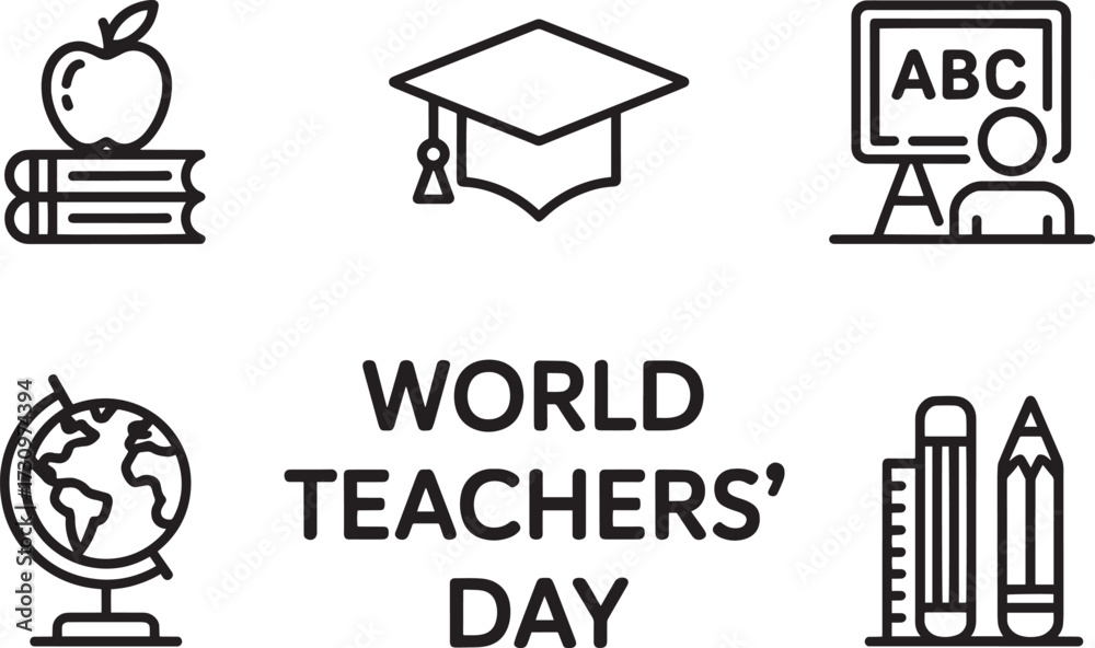 Naklejka premium World Teachers Day banner with apple, books, graduation cap, blackboard, globe, pencils