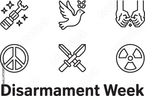 Disarmament Week icon set: wrench screwdriver, dove olive branch, holding seeds, peace sign