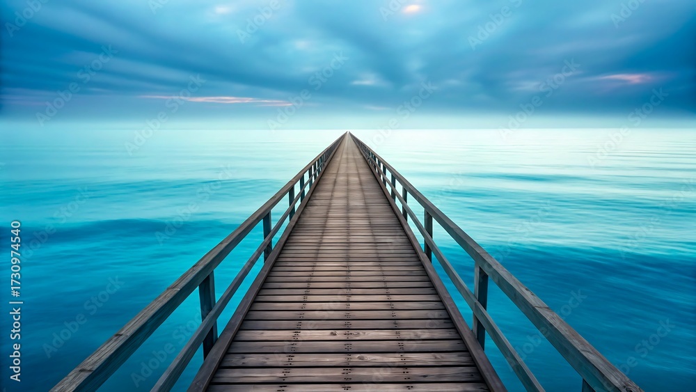 Obraz premium Wooden pier leading into calm blue ocean under cloudy sky at horizon 