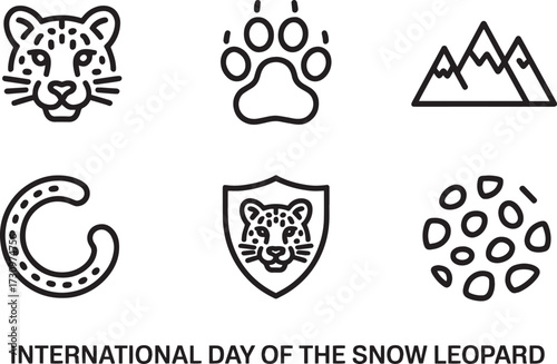 International Day Snow Leopard icon set: leopard head, paw print, mountains, tail, shield