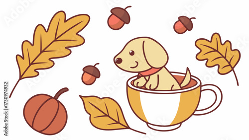 Playful Cheerful Golden Retriever design, styled with in a teacup and Autumn Leaves shades in a Autumn setting