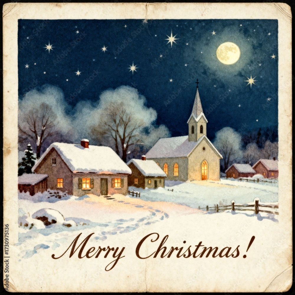Naklejka premium Nostalgic Christmas scene with church and homes under moonlight and 