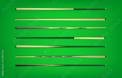 Billiard cues on green background. Snooker sports equipment. Vintage pool cue. Vector