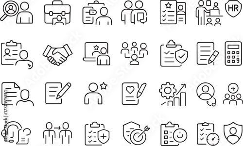 HR and Recruitment Icon Line Icon Set contains Mentoring Recruitment Manager Work Conditions Promotion Teamwork Career Wages and so on icons.
