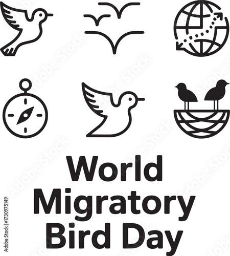 World Migratory Bird Day icons: dove, flock, globe, bird compass, flying bird, nest birds