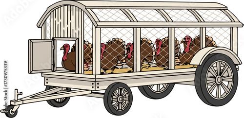 Cartoon Illustration of Turkeys in a Covered Trailer on a White Background