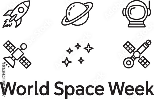World Space Week icons set, cosmic exploration and astronomy symbols