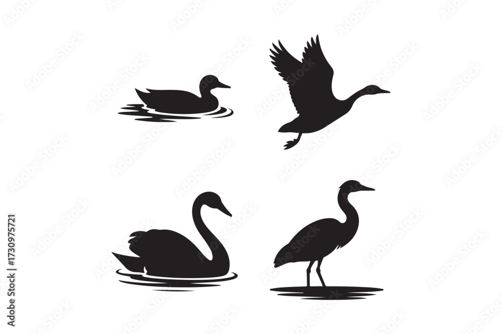 Obraz premium Silhouettes of waterfowl including a swan duck and heron