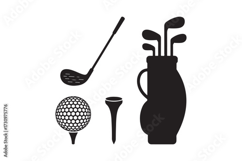 Silhouette of golf equipment including clubs ball and tee