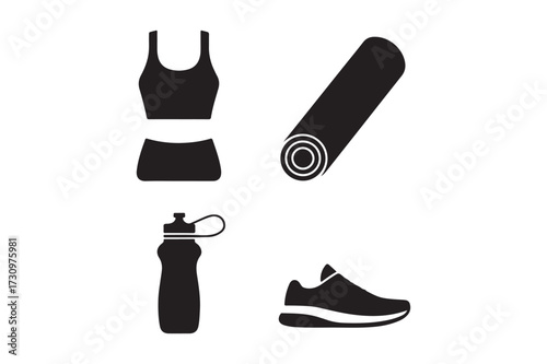 Fitness and yoga gear icons for healthy lifestyle and exercise