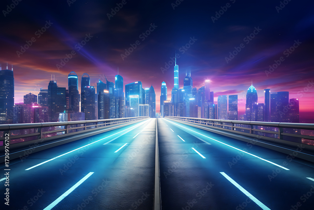 Fototapeta premium Futuristic city skyline at dusk with illuminated highway leading into vibrant urban landscape