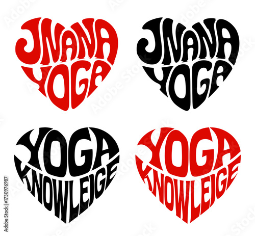 Heart-shaped sticker set in colorful and black design promoting Jnana yoga or Yoga of Knowledge. The path of wisdom and knowledge through the study of sacred texts, introspection and philosophy