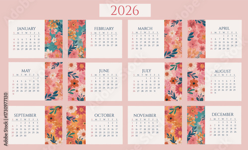 Floral colorful 12 months calendar 2026 template for planning and scheduling