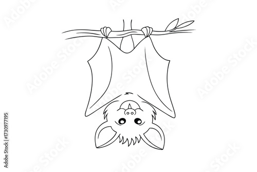 Cheerful cartoon bat hanging upside down from a tree branch animal