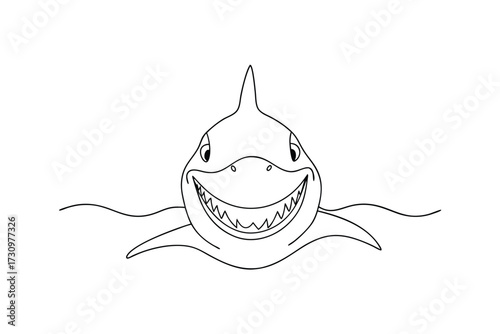 A playful cartoon shark with a wide grin sharp teeth swims in wavy water animal ocean