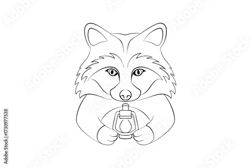 Line drawing a raccoon holding a lantern animal