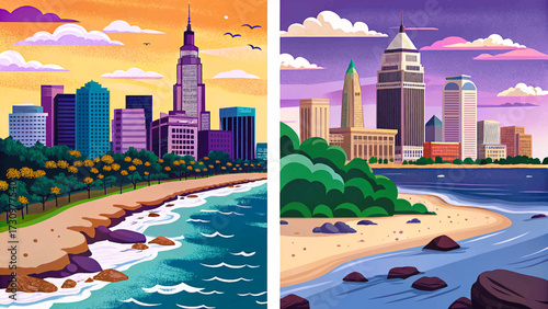 Cleveland Lake Erie shoreline famous American travel city Simple cartoon design Flat style vector illustration