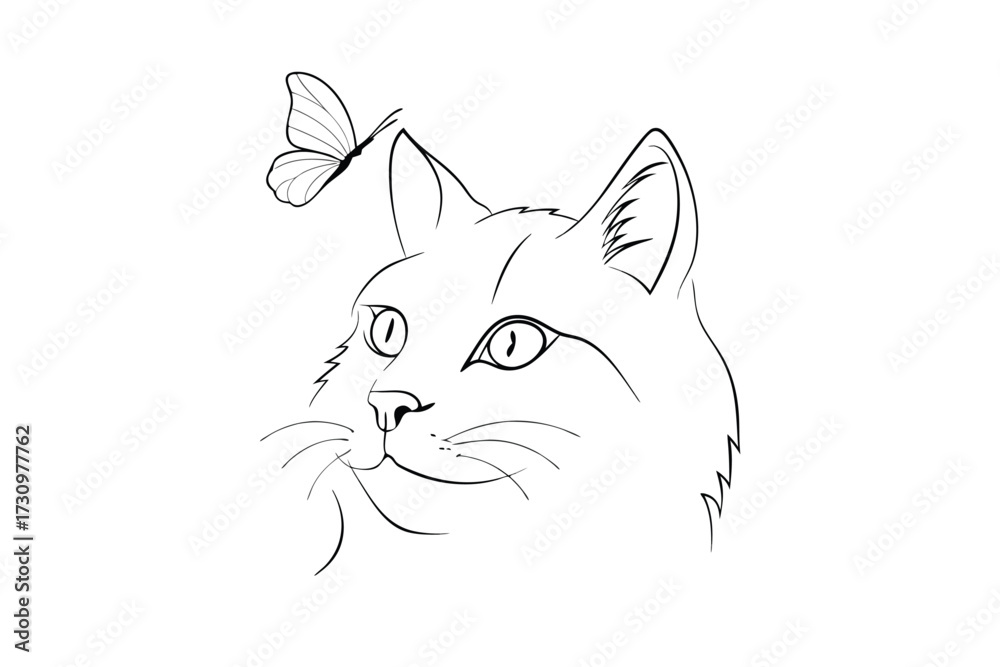 Obraz premium Minimalist line drawing a cat looking up at a butterfly animal insect