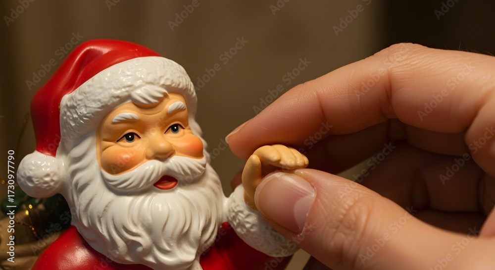 Obraz premium Close up of a hand adjusting a small decoration on a Santa Claus figurine
