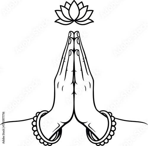 Illustration of hands in prayer position with lotus flower above on a white background simple drawing. Adobe Illustrator Artwork