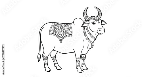 Line art illustration of a decorated zebu cow standing on a white background in a simple style