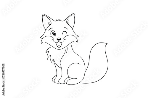 Whimsical cartoon fox winking with open mouth fluffy tail animal drawing