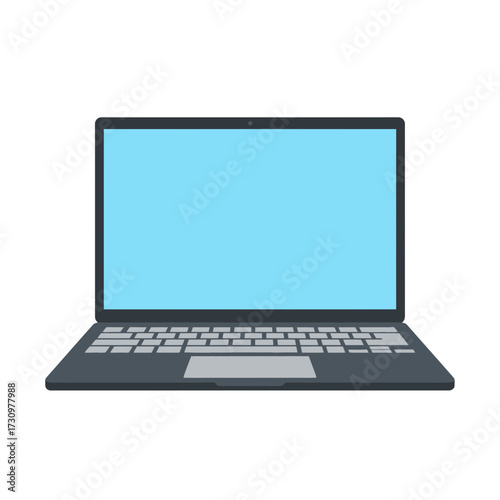 An open laptop computer with a blank blue screen, keyboard, and touchpad, isolated on a white background.