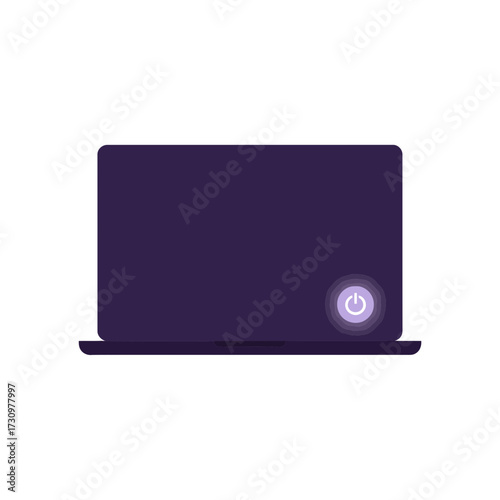 Rear view of a dark purple laptop computer with a glowing power button symbol, isolated on a white background.