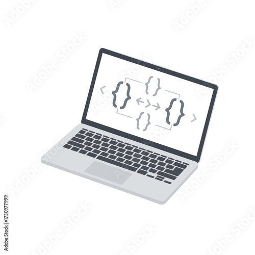 Isometric laptop computer displaying a programming flowchart or data structure diagram with curly braces and arrows on its screen.