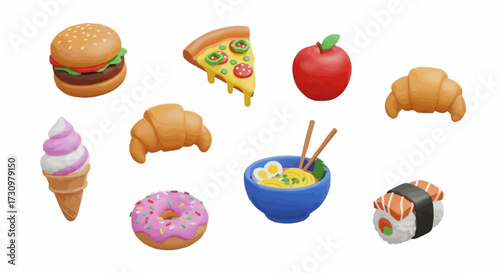 A Collection of Whimsical 3D Rendered Food Icons Perfect for Graphic Design and Online Content Creation