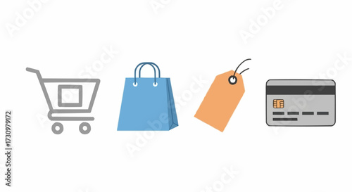 Online Shopping Elements Representing Commerce and Consumer Transactions Including a Shopping Cart a Shopping Bag a Price Tag and a Credit Card for E-commerce and Retail Concepts