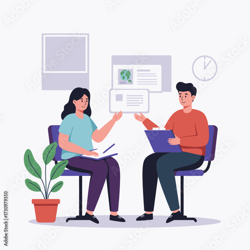 Two colleagues engaged in a focused business meeting, exchanging valuable information and ideas while collaborating on a project in a contemporary office environment.