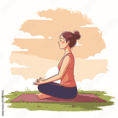 An illustration depicts a peaceful woman meditating in a lotus position on a yoga mat outside, embracing mindfulness and relaxation during sunset.