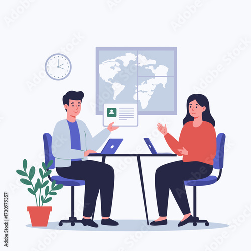 Two professionals collaborate on laptops in a modern office, discussing global strategies under a world map, fostering teamwork and productivity.