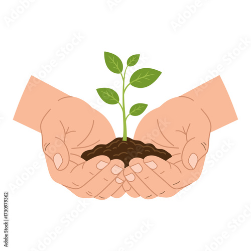 A pair of human hands gently cradles a small, vibrant green seedling emerging from dark, rich soil, symbolizing new life, environmental care, and sustainable growth.