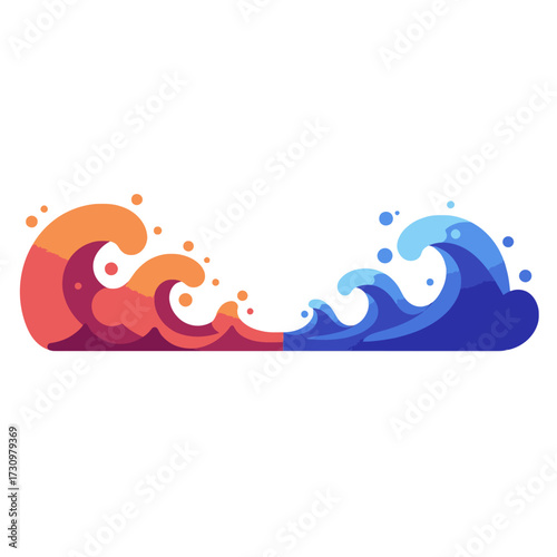An artistic illustration featuring contrasting warm red and orange waves meeting cool blue water waves, symbolizing balance and opposing forces.