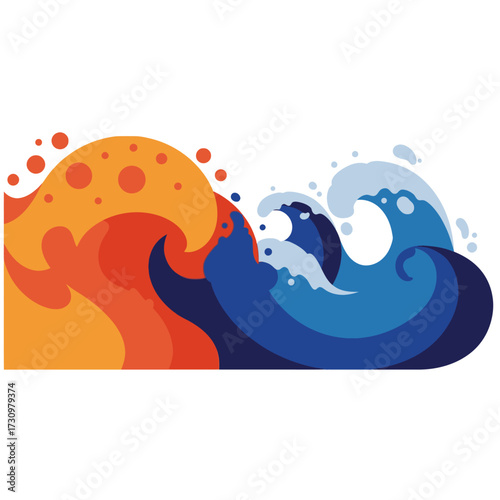 This vibrant illustration powerfully showcases the dramatic clash of opposing elements, with fiery orange waves meeting cool blue water in a symbolic visual.