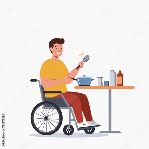 A cheerful man in a wheelchair enjoys preparing a meal at home, demonstrating independence and the joy of cooking with adaptive living.