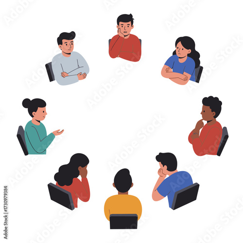 A diverse group of individuals sits in a circle, engaged in a thoughtful discussion, fostering open communication, problem-solving, and mutual understanding.