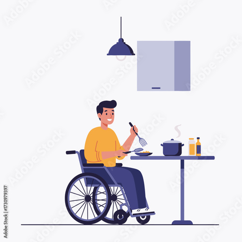 A smiling man in a wheelchair independently prepares a delicious meal in his modern kitchen, showcasing daily life with accessibility and self-sufficiency.