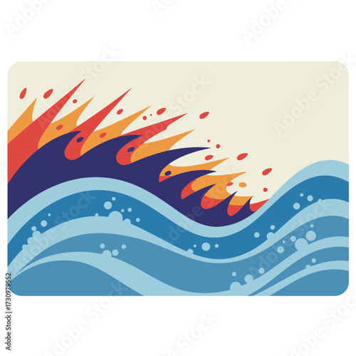 A vibrant, stylized illustration depicts powerful ocean waves crashing with energetic red, orange, and yellow crests against a calm background.
