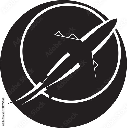 Sleek jetliner silhouette emerging from circular cosmic emblem