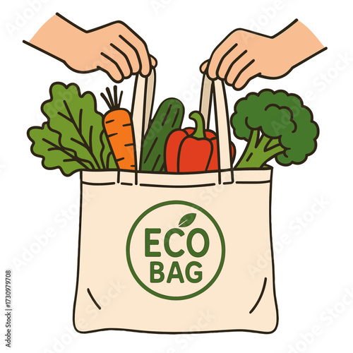 Illustration of hands lifting an eco bag filled with fresh vegetables  