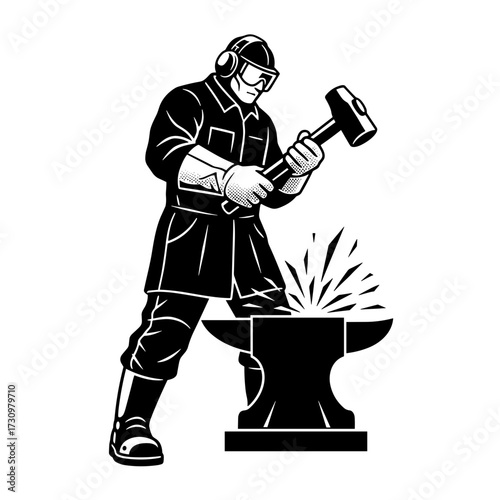 Blacksmith working with hammer on anvil producing sparks  