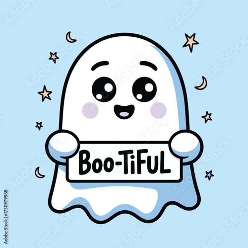 A cartoon ghost holding a sign that says boo tiful surrounded by stars and crescent moons on blue